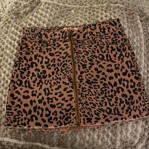Free People Leopard Animal Print Denim Zipper Fringe Mini Skirt